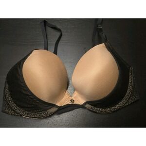 Victoria's Secret 32D Fabulous Push-Up Plunge Bra Tan Black Mesh Accents